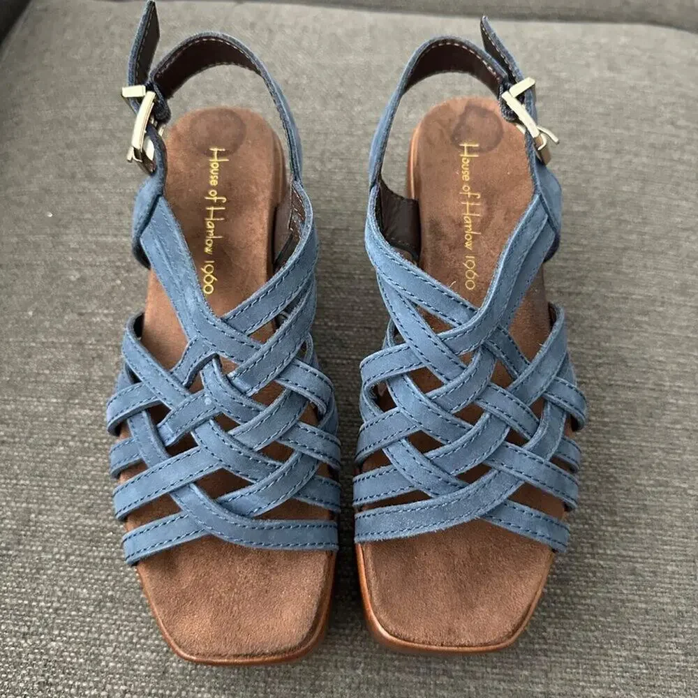 House of Harlow 1960 Women Blue Leather Strappy Platform Sandals Georgia 6.5M